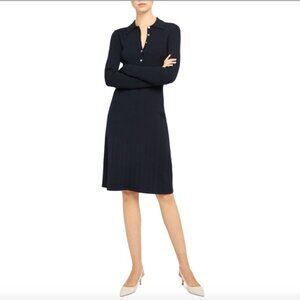 Theory Rib Knit, Long Sleeve, Wool Blend, Pleated Dress in Dark Navy - sz M